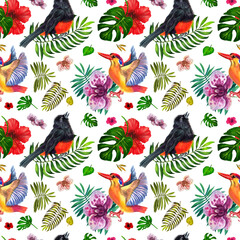 Fototapeta na wymiar Watercolor pattern with tropical birds and plants . White background.