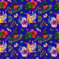Fototapeta na wymiar Watercolor pattern with tropical birds and plants . Blue background.