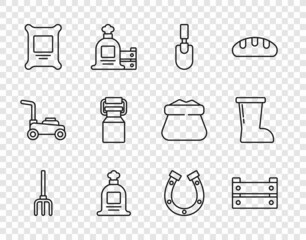 Set line Garden pitchfork, Wooden box, trowel spade shovel, Full sack, Fertilizer bag, Can container milk, Horseshoe and Waterproof rubber boot icon. Vector