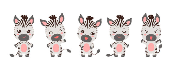 Cute kawaii zebra emoji icons. Adorable safari animal cartoon character mascot. Various emotions - cheerful, happy, calm, wawing hand. Funny little zebra vector illustration.