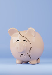 Big beige piggy bank with a crack on a blue wall with space for text, 3d rendering