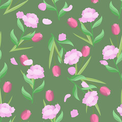 Seamless pattern with pink peony and tulip flowers on a green background. Soft delicate botanical floral print with garden plants. Vector graphics in vintage natural style for fabric, paper wrapping
