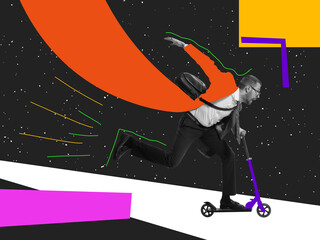 Contemporary art collage. Ideas, vintage, retro style, imagination. Young business man ridding scooter on abstract background with drawings. Modern fashion and vintage