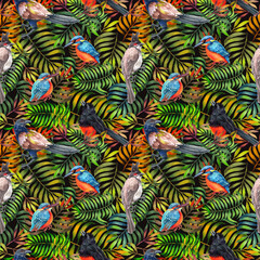 Obraz na płótnie Canvas Watercolor pattern with tropical birds and plants . Black background.