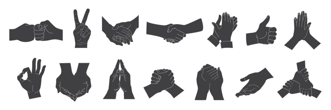 Hand set, Handshake, Hands gestures set. Hands with signs and symbols on white background, gesturing communication, Hands in different interpretations, greeting vector illustration, collection.