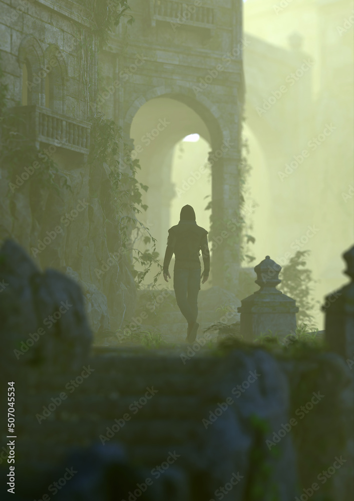 Sticker Man in hoodie walks at an ancient misty castle overgrown with ivy. 3D render.