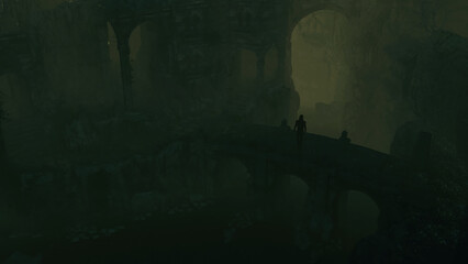 Man in hoodie stands on a bridge of an ancient misty castle. High angle view. 3D render.
