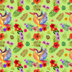Watercolor pattern with tropical birds and plants . Yellow background.