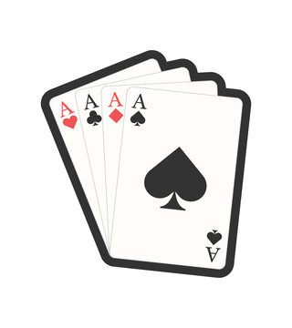 Playing cards four aces with black outline for games like poker and blackjack, roulette. Betting club and gambling, winning theme. Vector flat style.