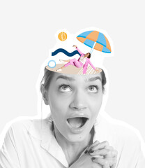 Contemporary art collage. Black and white portrait of excited young woman with colorful dreams about vacation