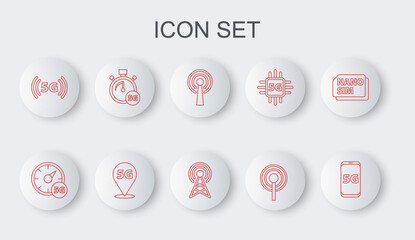 Set line Mobile with 5G network, Digital speed meter, Antenna, Location and icon. Vector