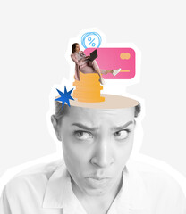 Contemporary art collage. Black and white portrait of thoughtful girl having colorful dreams of having profitable business project