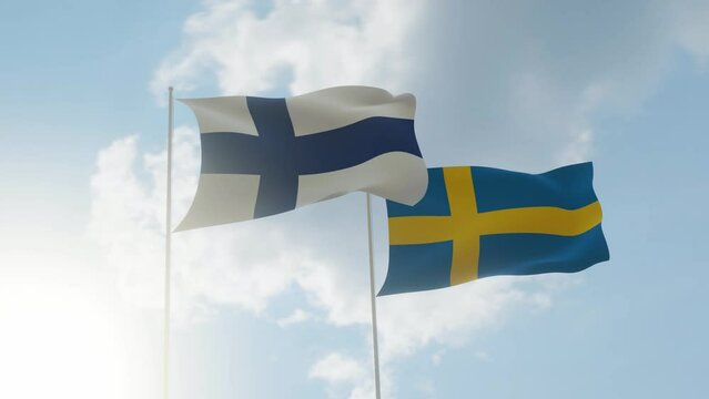 Flags of Finland and Sweden with bright sunny sky and white clouds. 3D render 4K flag animation