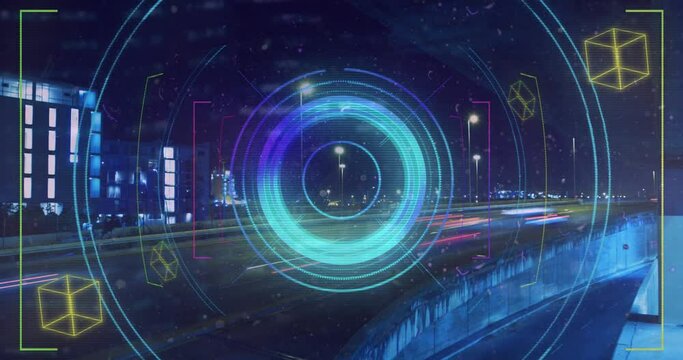 Animation of processing circle over metaverse city and blue background