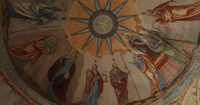 Interior detail of a small church called Sant'Anna in Gressoney La Trinitè, in Italy, near the Monte Rosa