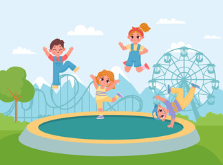Fototapeta premium Happy kids on trampoline, jumping and enjoying