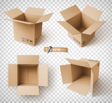 Vector realistic illustration of brown cardboard boxes on a transparent background.