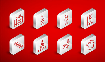 Set line Map of France, Bottles wine, Wine glass, Portrait museum, French rooster, baguette bread, Eiffel tower and icon. Vector