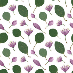 Pattern with pink lotuses and green leaves, a bud, hand-painted on white background. Water lilies floral ornament for spring and summer design. 