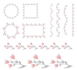 Floral set. Floral frames. Vector floral illustration with branches, leaves, and flowers. Hand-drawn vector. 