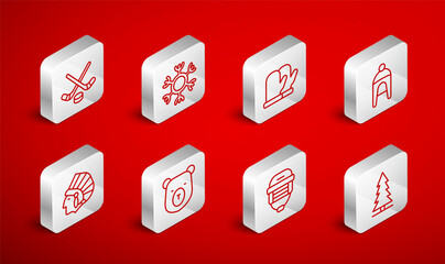 Set line Canadian spruce, Snowflake, Christmas mitten, Winter hat, Hockey helmet, Ice hockey sticks and puck, Bear head and Native American Indian icon. Vector