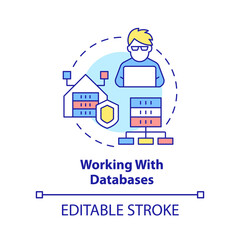Working with databases concept icon. Data management. Programming skills abstract idea thin line illustration. Isolated outline drawing. Editable stroke. Arial, Myriad Pro-Bold fonts used