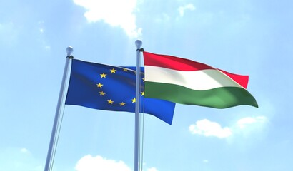 European Union and Hungary flags waving against blue sky. 3D rendering