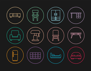 Set line Big bed, Office desk, Wardrobe, Table lamp, Armchair, Chest of drawers, Chair and icon. Vector