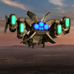 3d render of sci-fi dropship aircraft in the air - 507048702