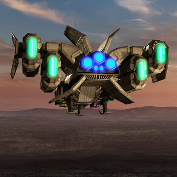 3d render of sci-fi dropship aircraft in the air