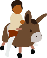 Little kid in white tights sits on a toy donkey on wheels