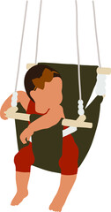 A little girl with a headband with a bow in red clothes sits on a green children's swing