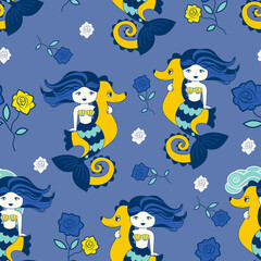 Seamless pattern with mermaids, sea horses and roses flowers. Hand-drawn vector composition.