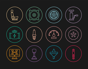 Set line Shock absorber, Gear, Car wheel, spark plug, Check engine, seat, Speedometer and audio speaker icon. Vector