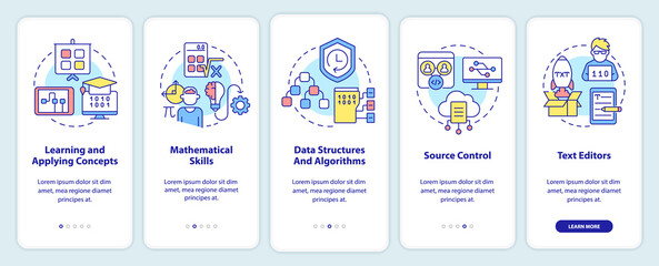 Fototapeta premium Program development skills onboarding mobile app screen. Walkthrough 5 steps graphic instructions pages with linear concepts. UI, UX, GUI template. Myriad Pro-Bold, Regular fonts used