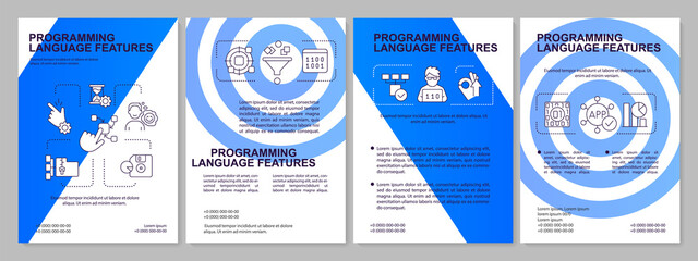 Programming language features blue brochure template. Writing code. Leaflet design with linear icons. 4 vector layouts for presentation, annual reports. Arial-Black, Myriad Pro-Regular fonts used