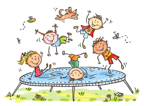 Cartoon happy cute funny doodle kids jumping on trampoline