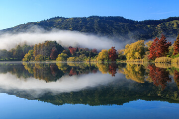 Autumn trees and rising mist reflected in the calm waters of Lake Tutira, Hawke's Bay, New Zealand