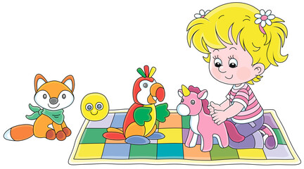 Obraz na płótnie Canvas Happy little girl playing with a funny soft toy unicorn, a parrot and a fox on a colorful checkered carpet in a nursery, vector cartoon illustration isolated on a white background