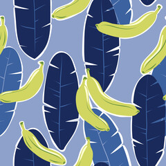 Seamless vector pattern with green bananas and blue leaves. Summer fruit tropical pattern.