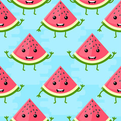 Seamless pattern kawaii watermelon slice. Vector summer background