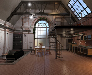3d render of a spacy and luxury industrial loft apartment - 507050525