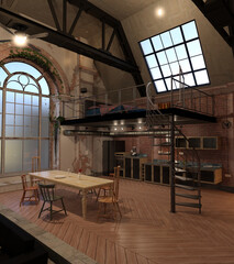 3d render of a spacy and luxury industrial loft apartment - 507050526