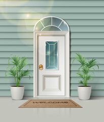 3d realistic vector illustration. Countryside entrance with floor plants and white wooden door.