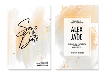 Minimalist  bridal shower rustic watercolor wedding invitation, save the date marriage card, invite design Pastel Grey orange fall card in vector with gold texture , elegant design