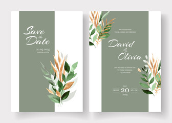 Wedding card templates with Gold green watercolor leaves bouquet