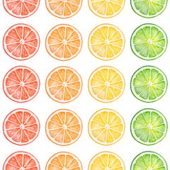 Fototapeta premium Seamless pattern with citrus fruit slices in various colors: green, red, orange, yellow. Juicy cheerful print for creative design, summer fabric, scrapbooking, wrapping paper, healthy product package.