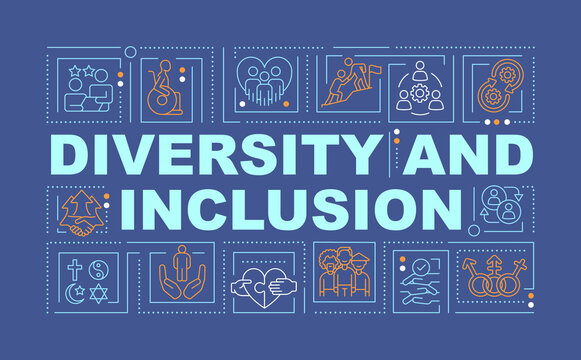 Diversity And Inclusion Word Concepts Dark Blue Banner. Infographics With Editable Icons On Color Background. Isolated Typography. Vector Illustration With Text. Arial-Black Font Used