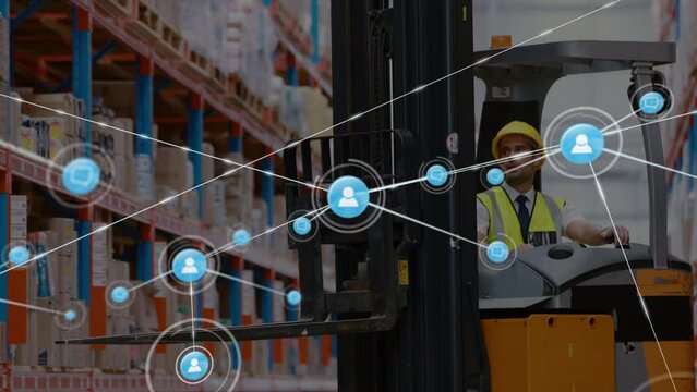 Animation of network of connections over caucasian warehouse worker