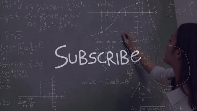 Animation of subscribe text and mathematical formulas over caucasian women